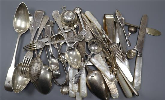 A George III Scottish silver marrow scoop, a pair of fiddle pattern table spoons, a Russian 84 zolotnik and niello